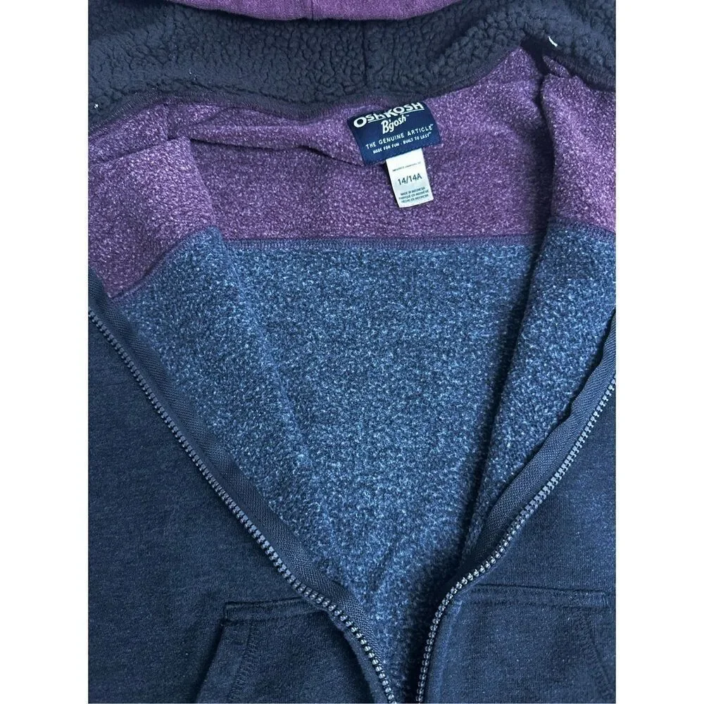 Oshkosh B’gosh Sherpa Lined Hooded Full Zip Cotton Blend ColorBlock Jacket Sz 14